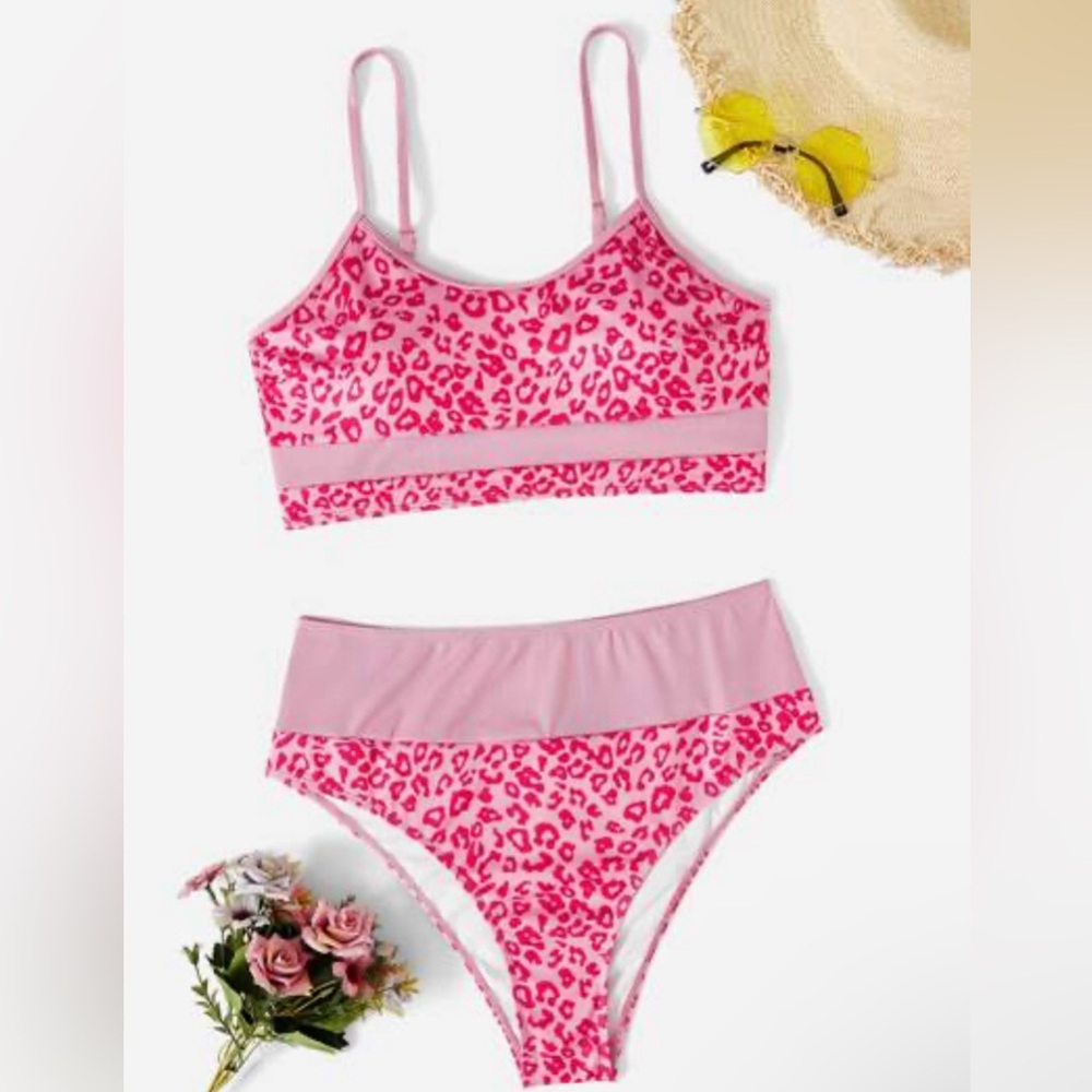 SHEIN Pink Leopard Print Contrast Trim Two Piece Bikini Set Swimsuit Size XL